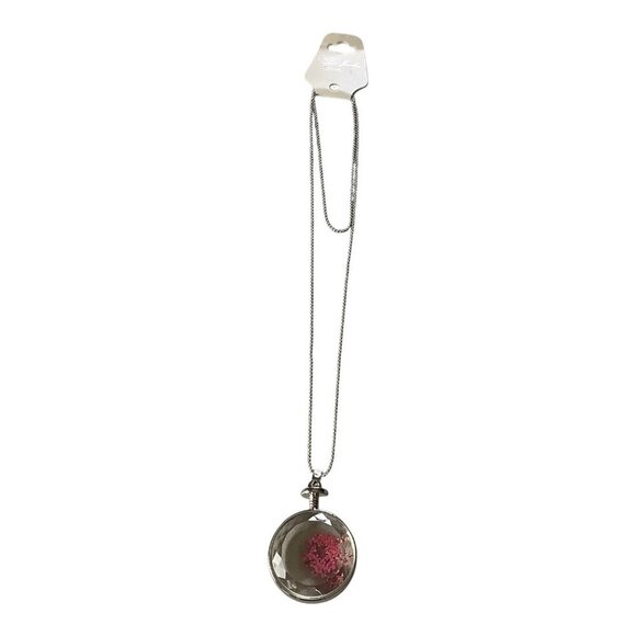 Real Dried Pink Flower Pendant Necklace W/ Clear Resin & White Gold Plated Chain - Picture 2 of 8